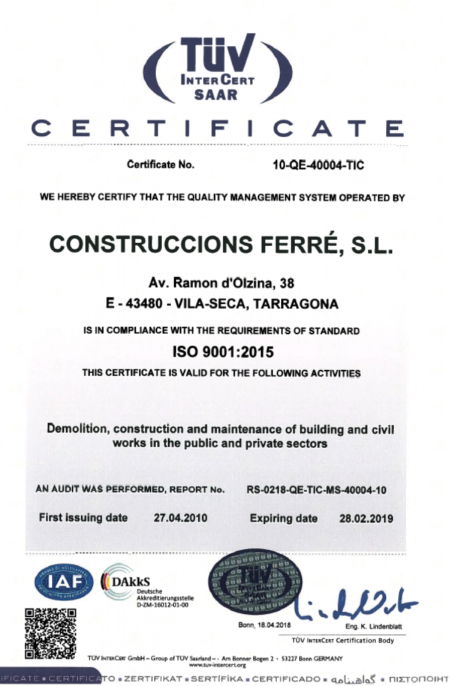 Certificado Iso 9001 2015 Tarragona Reus Ferre Constructora Reformas